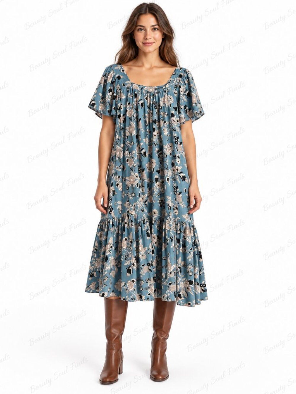 Ophelia & Indigo Blue Floral Smocked Neck Cotton Boho Midi Dress Size S/M